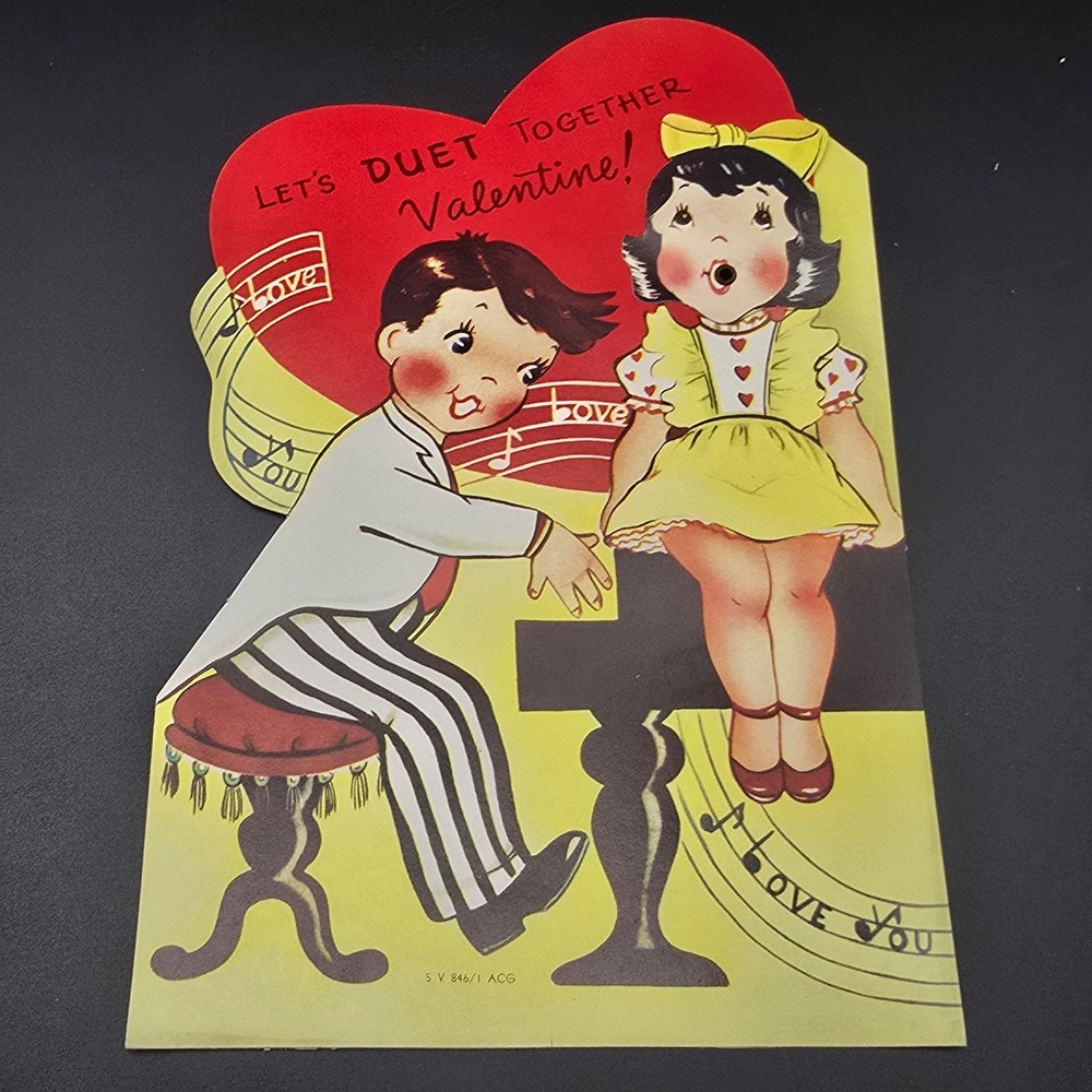 Vintage Valentine Card Lets Duet Together Piano Musical Theme